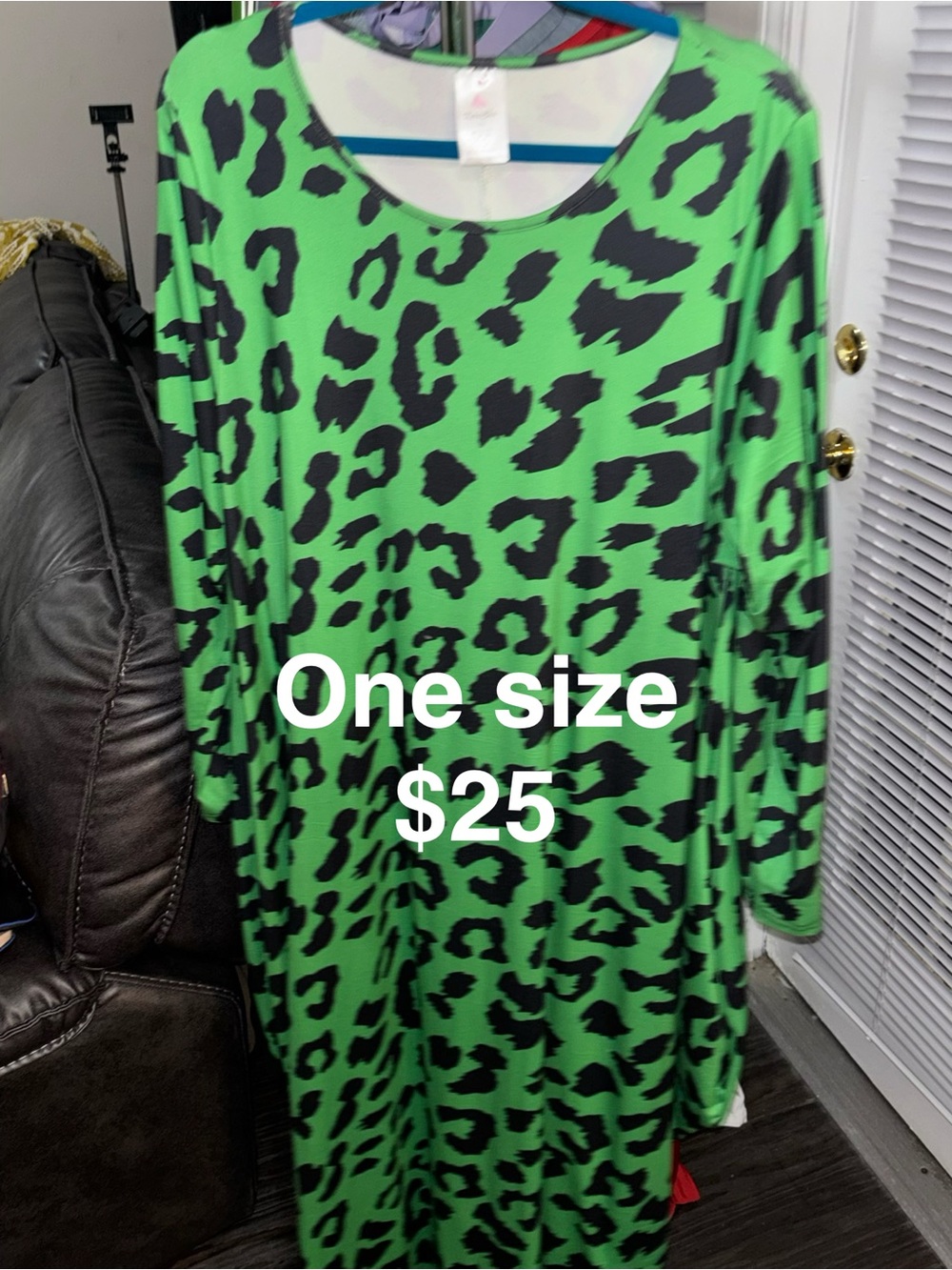 Green Leopard-Print Long Sleeve Dress - One Size